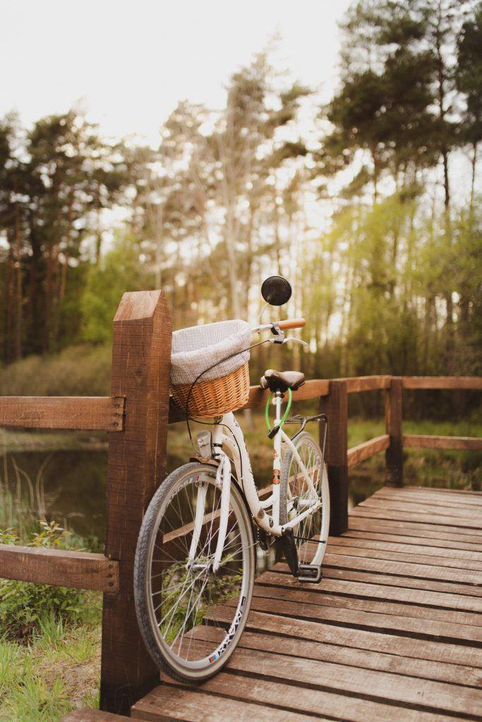 rower zaparkowany na mostku drewnianym