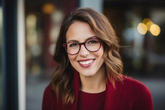 Portrait of happy young woman with eyeglasses in the city