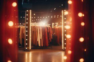 Actor's dressing room, lit by bulbs, with costumes hanging Beh