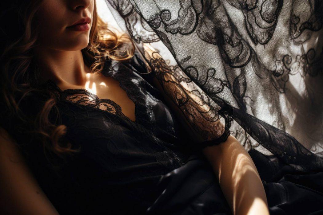 Portrait of a beautiful sensual woman in a black lace and silk n