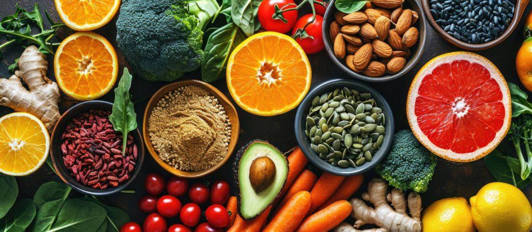 Immune boosting foods include citrus, red bell peppers, broccoli, garlic, ginger, spinach, almonds, turmeric, green tea, papaya, kiwi, poultry, and sunflower seeds. Empty background.