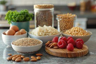 Group of food with high content of dietary fiber arranged side by side on the table