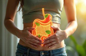 Woman holds stomach with intestine illustration surrounded by green leaves, representing digestive system health, microflora, guts. Healthy lifestyle, nourishment, diet, vitamin, mineral, supplement,