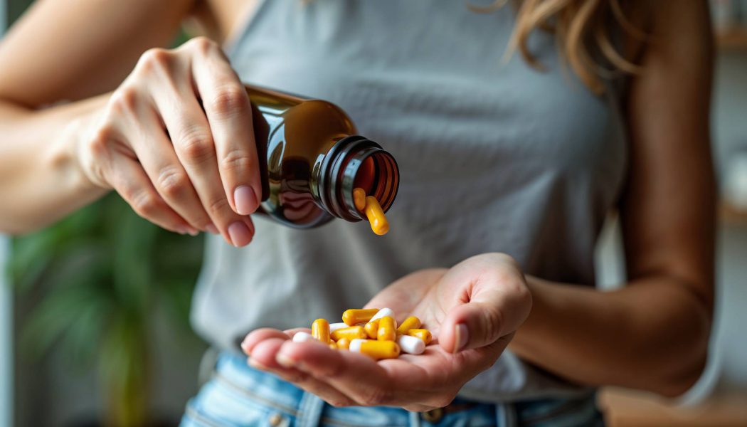Close up of a person pouring dietary supplements from a bottle i