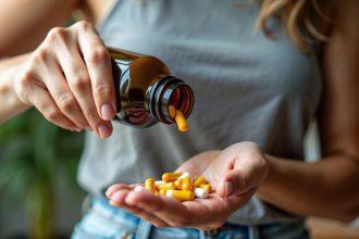 Close up of a person pouring dietary supplements from a bottle i