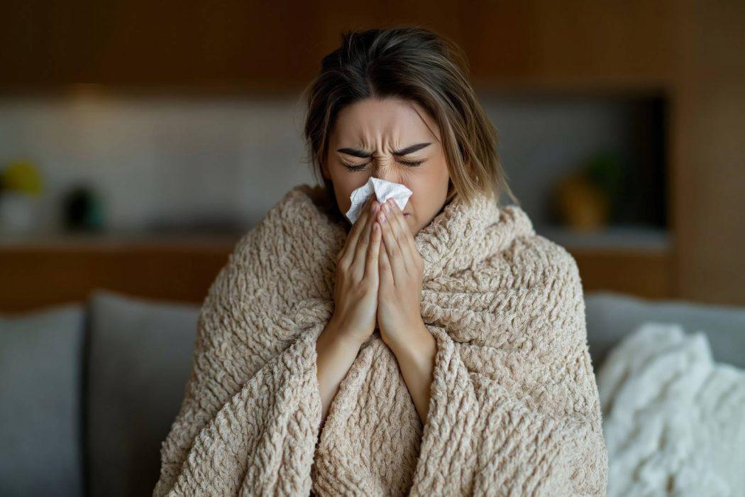Woman wrapped in cozy blanket sits on sofa at home. Sneezing, using tissue. Relaxed atmosphere. Cozy scene of sick person resting in living room. Home comfort, care. Everyday life moment. Woman sick