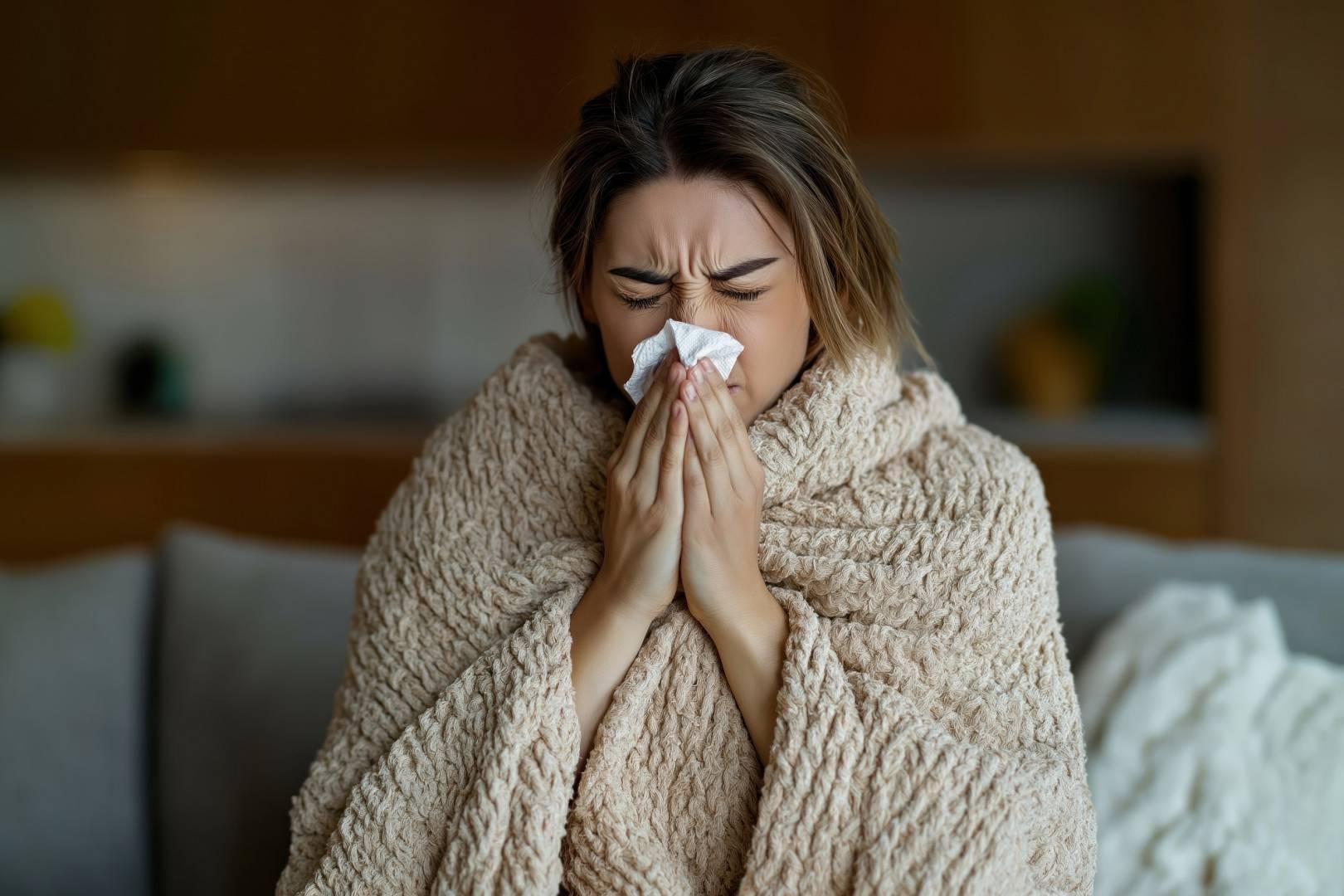 Woman wrapped in cozy blanket sits on sofa at home. Sneezing, using tissue. Relaxed atmosphere. Cozy scene of sick person resting in living room. Home comfort, care. Everyday life moment. Woman sick