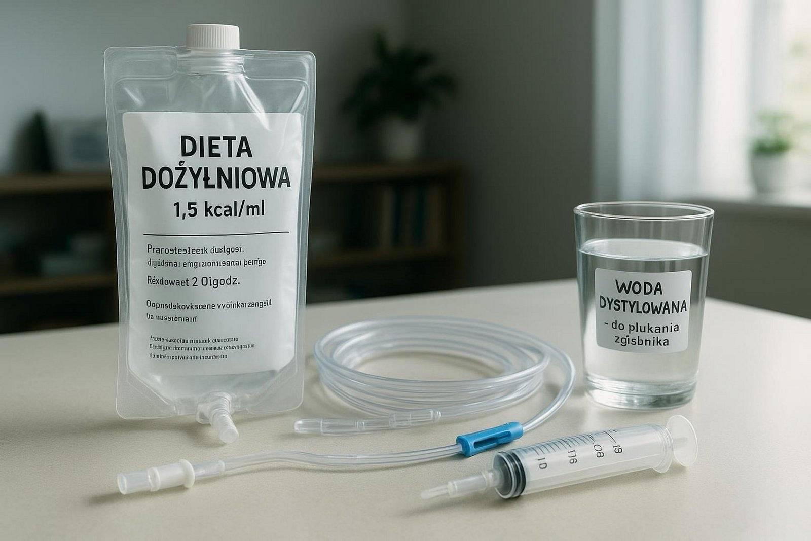Fotorealistyczne zdjęcie przedstawiające zorganizowane stanowisko do żywienia dojelitowego w domu z czystym sprzętem i spokojnym tłem.