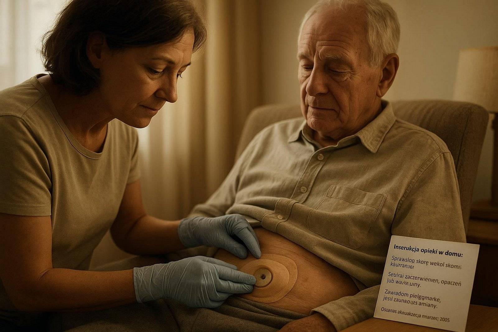 Opiekun delikatnie i troskliwie sprawdza stan skóry wokół stomii PEG starszego pacjenta w przytulnym pokoju.