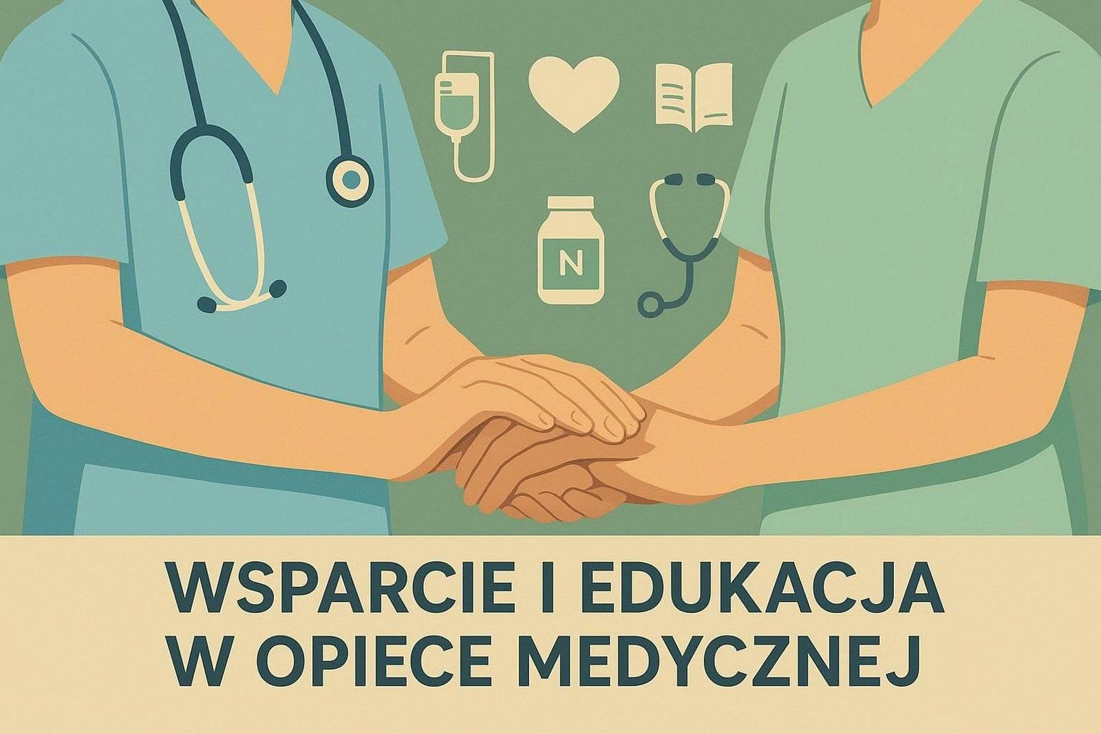 Ilustracja przedstawia dłonie personelu medycznego podtrzymujące dłonie opiekuna, symbolizując wsparcie i edukację w opiece nad pacjentem.
