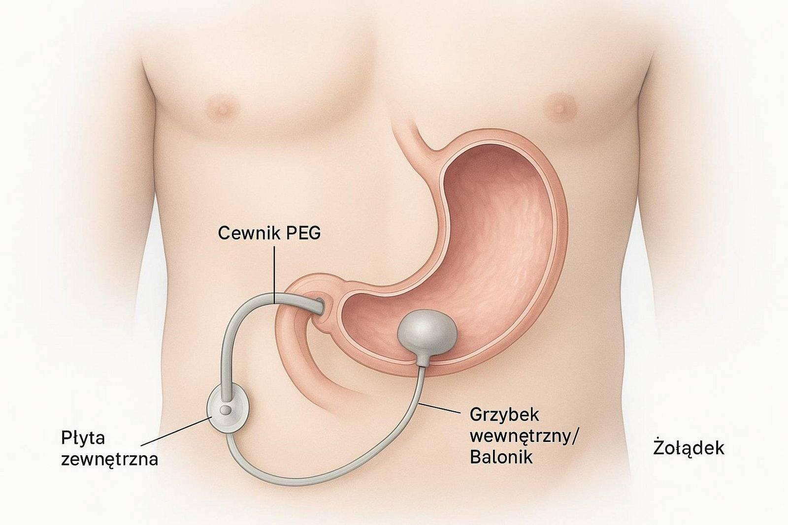 Ilustracja pokazująca przekrój brzucha z umiejscowieniem gastrostomii z cewnikiem przechodzącym do żołądka oraz zewnętrzną płytką mocującą i balonikiem w żołądku.
