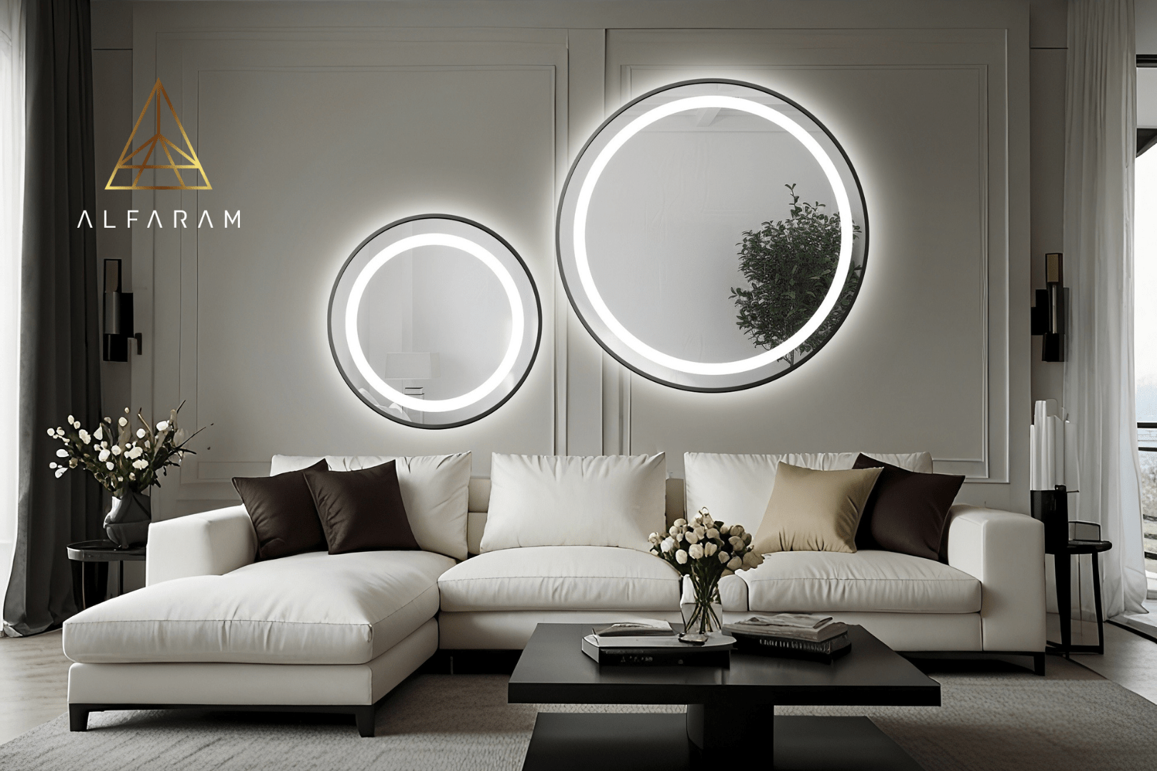 min zestaw okraglych luster piaskowanych w ramie czarnej mdf slim z podswietleniem stella led ii