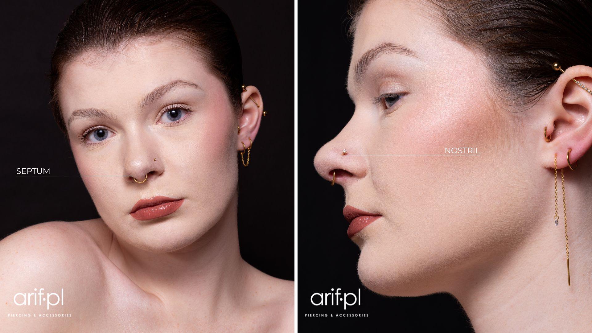 Dwa ujęcia twarzy pokazujące przekłucia nosa: septum oraz nostril | arif.pl