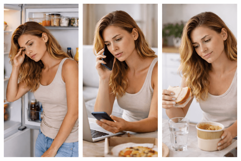 Naturalna, pozioma grafika typu triptych przedstawiająca kobietę w trzech codziennych sytuacjach: przy otwartej lodówce, podczas planowania posiłku oraz jedzącej prosty posiłek – symbol szybkich decyzji zakupowych i wygody.